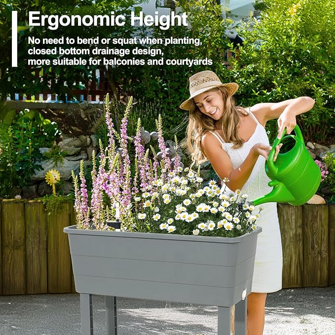 Aoodor 30'' × 14'' × 29'' Elevated Raised Planter Box with Legs, Storage Space, Plastic Drainage Plug & Water Level Indicator for Vegetables Flowers Herbs Outdoor, Gray, Set of 3