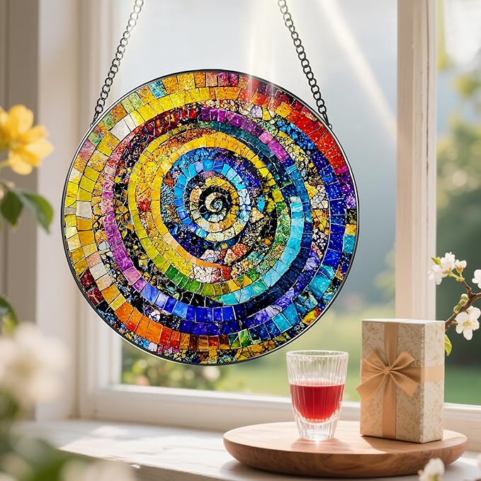 Stained Glass Window Hanging, Pauyadu 8 Inch Rainbow Spiral Stained Glass Suncatcher, Home Decor for Windows, Art Lovers Gifts, Christmas, Birthday Gift Ideas, Gifts for Best Friend, Lovers