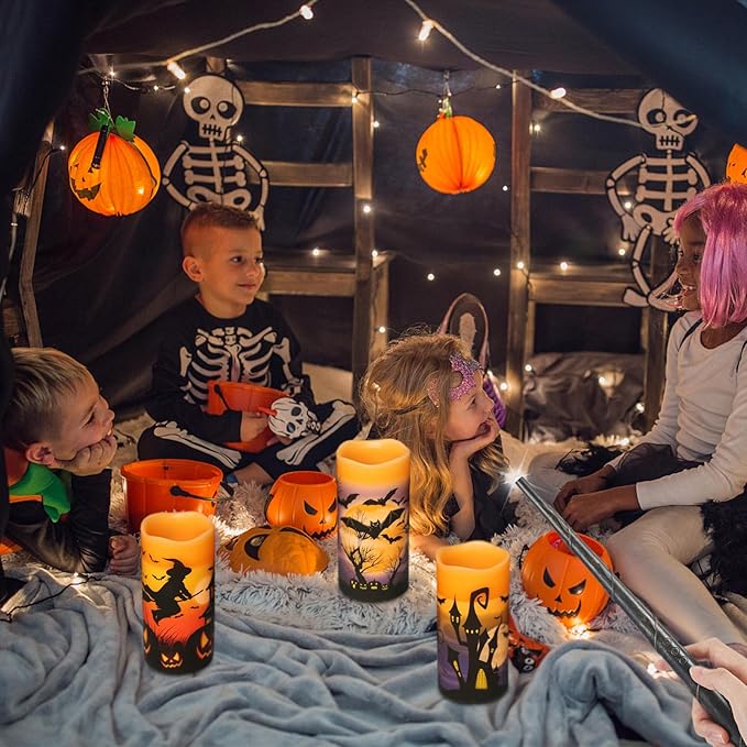 DRomance Halloween Flameless Candles with Magic Wand Remote and Timer, Battery Operated LED Flickering Pillar Candles Real Wax Castle Witch Bats Halloween Decoration Indoor(3 Pack, 3 x 6 Inches)