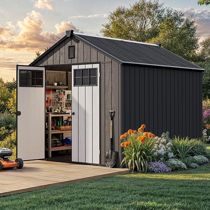 YITAHOME 8x10 FT Outdoor Storage Shed with Floor, Plastic Garden Shed for Bikes, Tools, and Pool Supplies, Outdoor Resin Shed with Lockable Doors, Windows, and Vents for Patio, Lawn, Backyard, Black