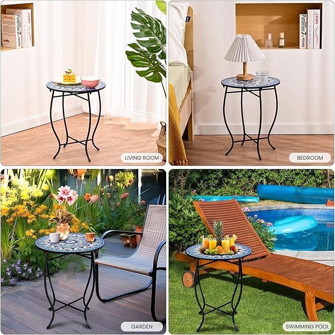Metal Outdoor Side Table,14" Diameter Round Plant Stand for Flower Pots Vase Home Decor, Weather Resistant Patio Accent Table Plant Stand for Indoor Outdoor Use, Easy Assemble