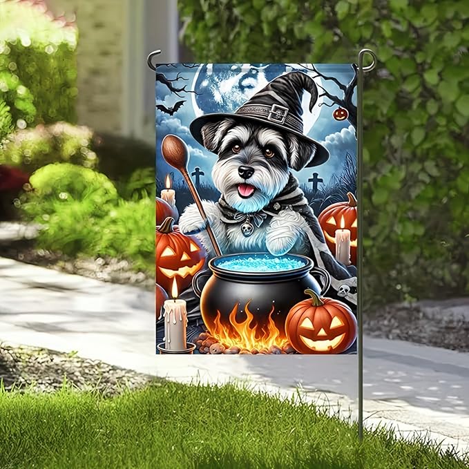 Halloween Garden Flag Double Sided 12x18 Flag Halloween Schnauzer Garden Flag Witch Pumpkin Cute Schnauzer Dog Cauldron Pumpkins Holiday Patio Wall Lawn Mail Outdoor Home Decor Banner