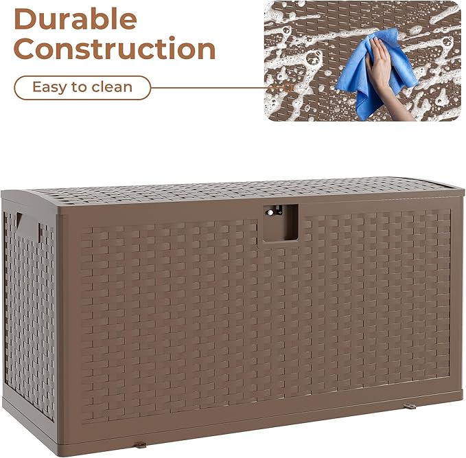 73Gallon Brown Resin Deck Box, Outdoor Storage Box Waterproof Lockable, Patio Deck Box For Package Delivery, Outside Storage Box Container for Furniture Cushions, Garden Tools, Pool Accessories