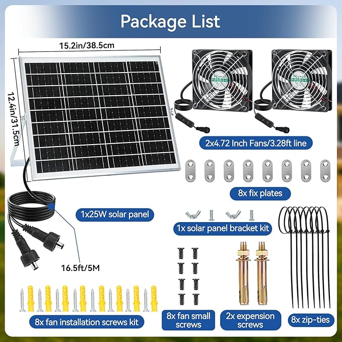Solar Fans for Outside, 19.6 Ft Total Cable, IP68 Waterproof, 25W 18V Solar Powered Exhaust Fan Kit, 4.7 Inch Chicken Coop Fan Waterproof Fans for Chicken Coops, Greenhouses, and Shed