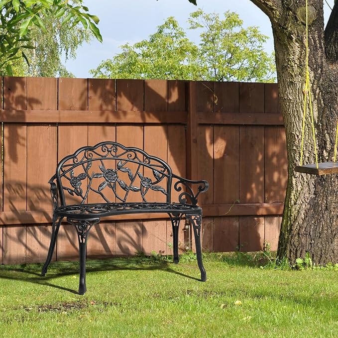 VINGLI 38.5" Patio Park Garden Outdoor Metal Rose Bench,Cast Iron Cast Aluminium Frame Antique Finish Chair,Accented Lawn Front Porch Path Yard Decor Deck Furniture for 2 Person Seat(Black