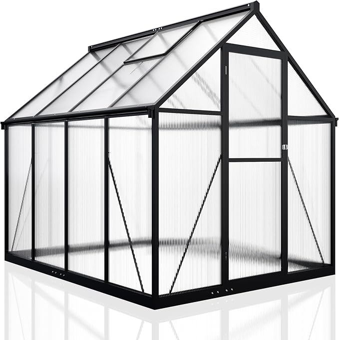 WKM 5.8x7.3 FT Greenhouse for Outdoors, Quick-fit Structure Greenhouse with Window for Ventilation, Aluminum Green House for Garden Backyard, Black