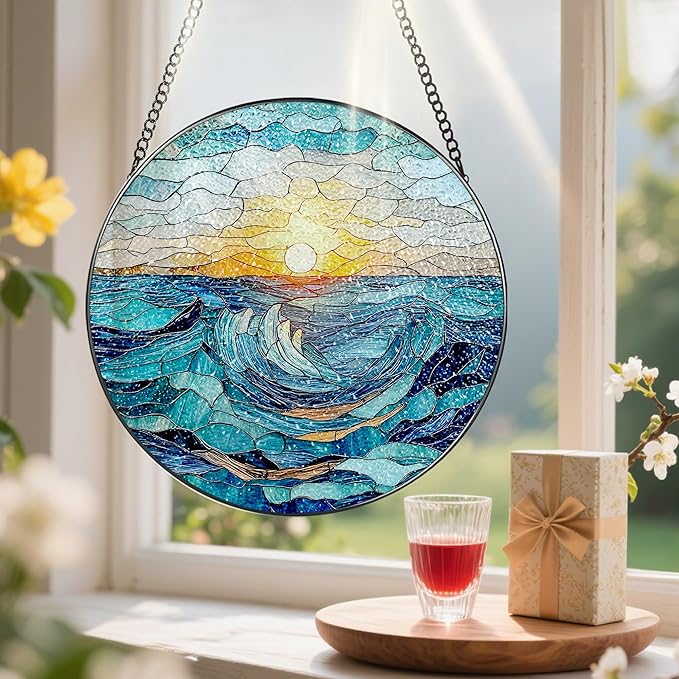Stained Glass Window Hanging, Pauyadu 8 Inch Beach Stained Glass Suncatcher, Window Decoration Hanging, Sunrise Lover Gift, Natural Gift, Beach Home Decor, Gifts for Family, Friends, Colleagues