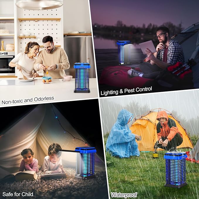 Rechargeable Solar Bug Zapper Outdoor & Indoor Blue, 5000mAh Mosquito Zapper Fruit Fly Trap, Gnat Moths Catcher, 4200V Grid, USB Charging, Fit for Home, Kitchen, Backyard, Camping, Patio