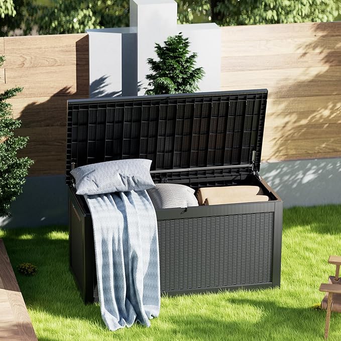 320 Gallon Deck Box, Resin Outdoor Indoor Waterproof Storage Box, Lockable Storage Box With Handle for Patio Furniture - Garden Tools - Swimming Pool Tools UV-Resistant, Black