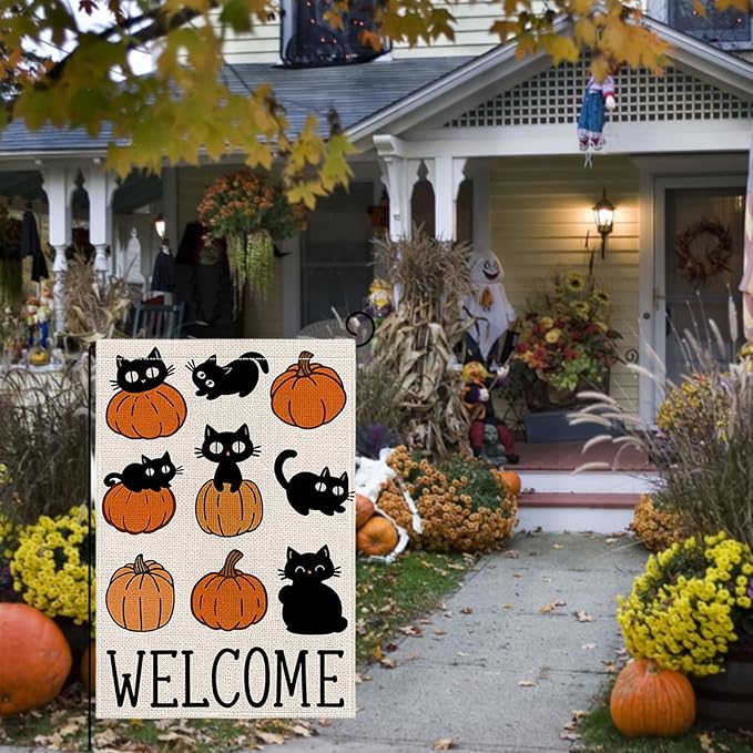 Halloween Garden Flag 12 x 18 Inch Double Sided Cute Cat Pumpkin Designs Fall Autumn Burlap Yard Flag for Outside Rustic Yard Outdoor Holiday Home Decoration
