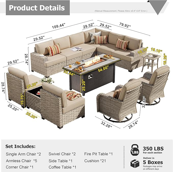 HOOOWOOO Outdoor Sectional Patio Furniture Set with Fire Pit Table,13 Pieces Wicker Conversation Sets L Shaped Couch,Extra Deep Out Door Sofa Outside Furniture with Swivel Chairs,Beige