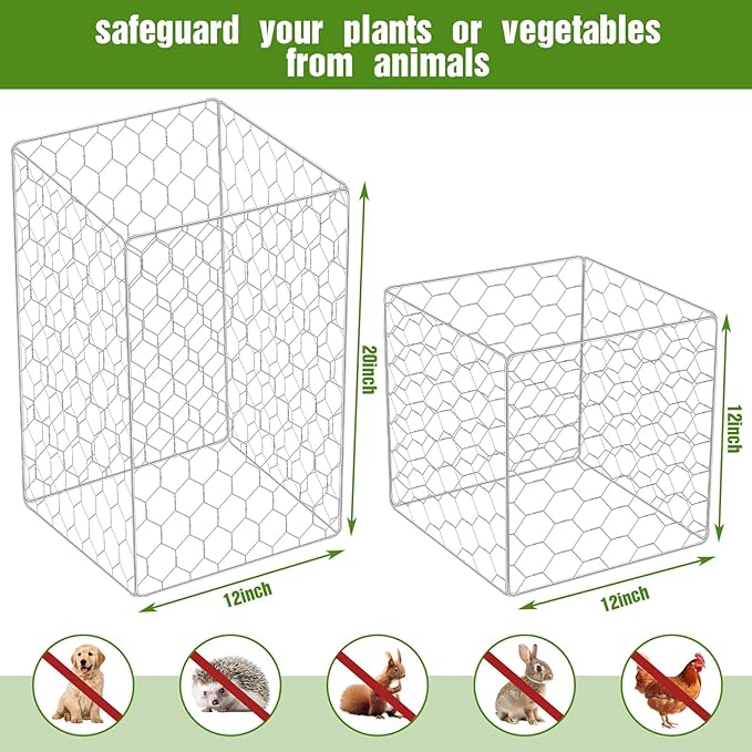 16 Set Wire Plant Protectors Square Wire Plant Cages Chicken Wire Cloche Mesh Plant Cage with 64 Ground Stakes and 200 Nylon Ties Protect Plants, Garden, Vegetables from Animals(12 x 20)