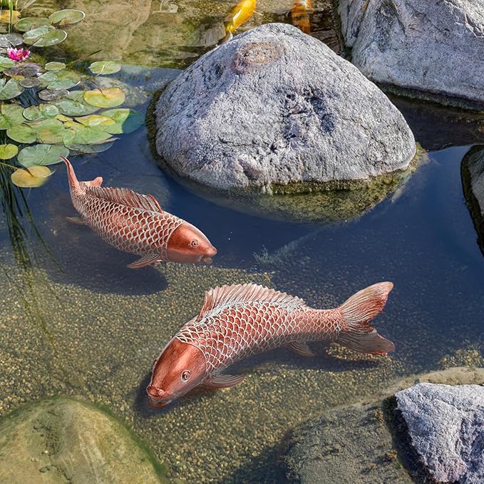 Garden Statues Koi Fish Decor, Garden Fish Pond Statues, Set of 2 Antique Copper Koi Art Sculptures for Outdoors Patio Backyard Lawn Yard Decoration, Japanese Garden Decor, Best Gifts