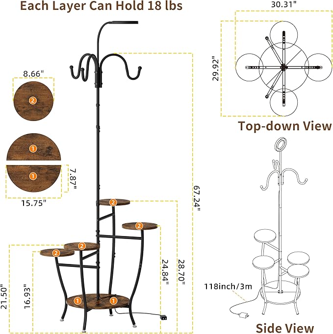 Plant Stand Indoor with Grow Light - 72" Tall Plant Shelf Indoor, 5 Tiered Corner Plant Stands for Indoor Plants, Hanging Plant Holder Flower Display Shelves for Living Room, Balcony Decor