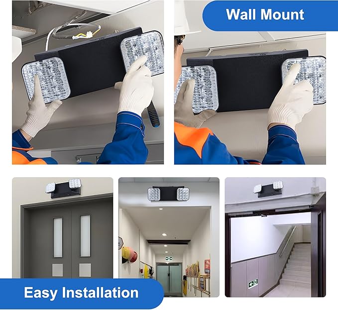 Qllite LED Emergency Light with Battery Backup, LED Commercial Emergency Lighting Fixtures Two Heads Adjustable, UL Listed, AC 120-347V, Energy Efficient for Business Schools Hospitals, Square Black