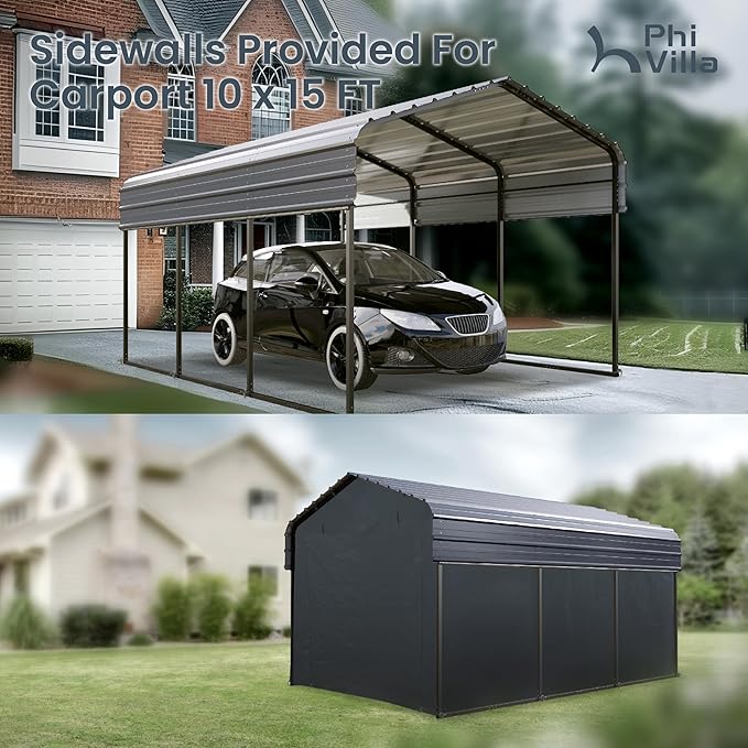 PHI VILLA 10 x 15 Heavy Duty Metal Carport with Galvanized Steel Roof with Sidewalls Enclosure Kit, Sturdy Metal Carport for Cars, Boats, and Tractors