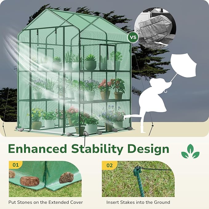 GreatBuddy Walk-in Greenhouse for Outdoors, High-Density PE Plant Cover with 2 Tiers of 8 Shelves, 4.5x4.5x6.5ft, Perfect for Plant Growing, 4 Ropes and Stakes Included