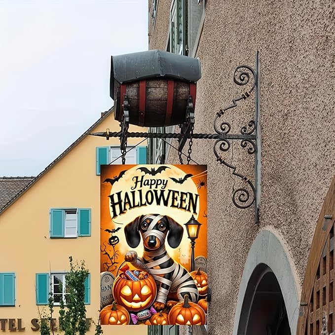Garden Flags for Outside 12x18 Inch Double Sided - Halloween Trick or Treat Dachshund Dog Skeleton Decorations - Small Outdoor Yard Flag
