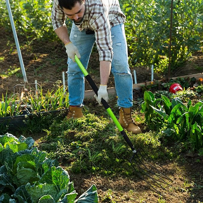 Pitch Fork-57 Inch,5-Tine Steel Garden Fork Heavy Duty, Mulch with Cushion Grip, Green Fiberglass Handle