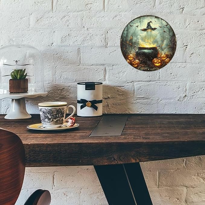 PEACHGARDEN Round Halloween Spooky Ghost With Witch Hat Wreath Vintage Sign Halloween Pumpkin Metal Tin Sign for Home Bar Kitchen Hotel Dining Room Coffee 8x8inch