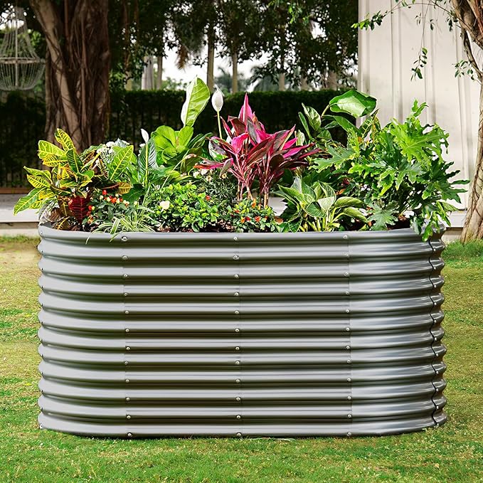 Land Guard 8x4x3ft Oval Galvanized Raised Garden Beds, Large-Capacity Metal Planter Box Outdoor, Durable Deep Raised Garden Bed 3ft Tall, Raised Beds for Gardening Vegetables, Modern Gray