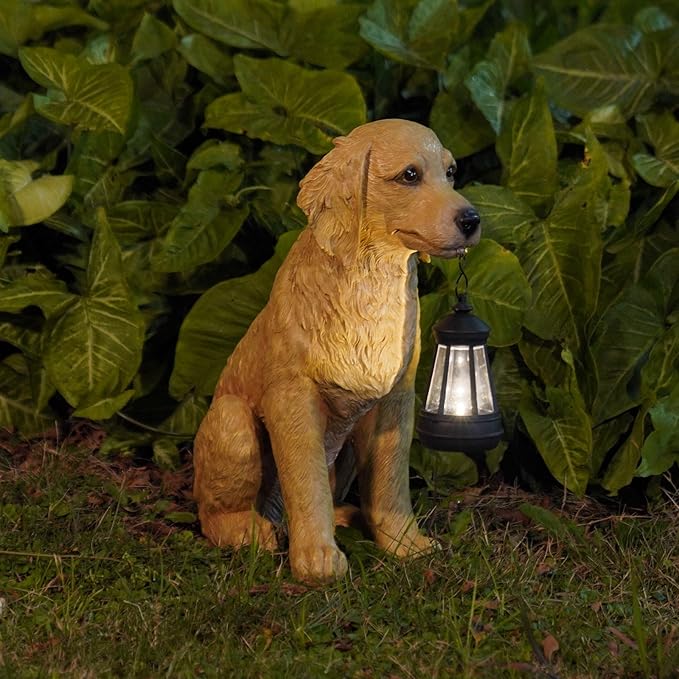 Cynkeyee Garden Decor Dog Statues Outdoor - Golden Retriever Puppy Statue with Solar, Outdoor Figurine Lights for Garden Patio Yard Accent Solar Decorations for Outside 13.5x7.5x15.5 Inch