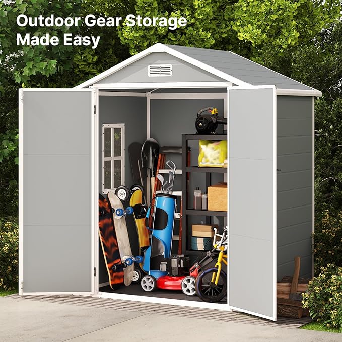 Gizoon 6x4.4 FT Resin Storage Shed Outdoor, Resin Shed with Floor, Garden Shed Weather Resistant Plastic Tool Shed with Lockable Door for Backyard, Garden, Patio, Lawn, Grey