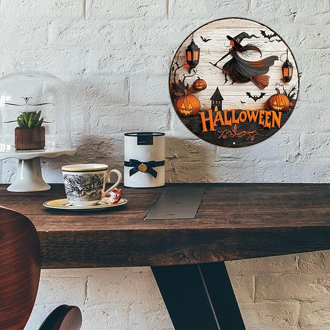 PEACHGARDEN Round Happy Halloween Witch Vintage Sign Pumpkin Metal Tin Sign for Home Bar Kitchen Hotel Dining Room Coffee 12x12inch