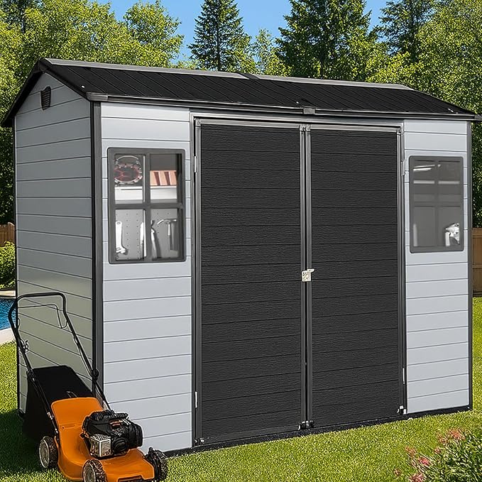8x4 FT Resin Storage Sheds Outdoor with Floor Included, Plastic Sheds & Outdoor Storage Clearance with 2 Windows and Lockable Door, Backyard Storage Sheds for Garden Tools, Bike, Black+Grey