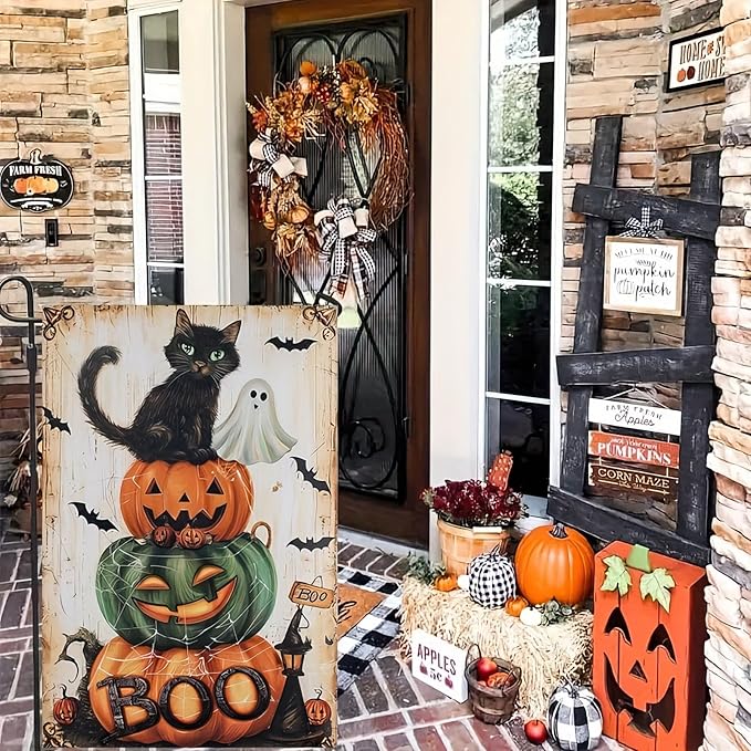 Halloween Boo Black Cat Garden Flag 12x18 Double Sided Pumpkin and Spooky Ghost Cat Welcome Garden Flag Halloween Yard House Flags Jack O'Lantern Seasonal Holiday Decorative Flag