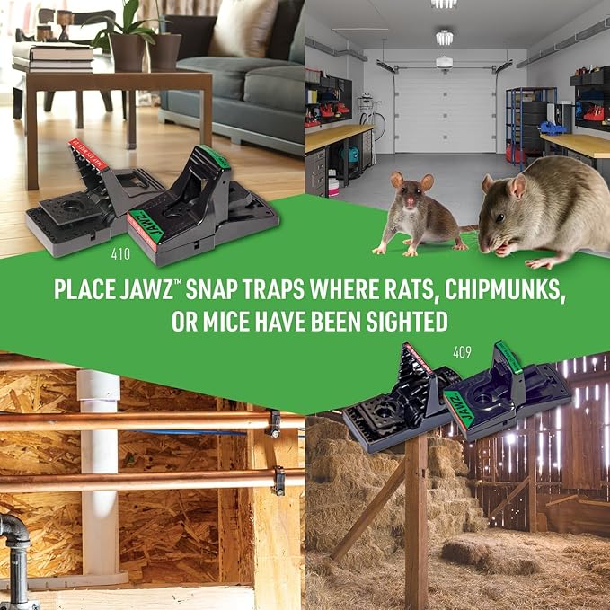 JT Eaton 409 Jawz Indoor Plastic Mouse Trap for Solid or Liquid Bait, Instant Kill Mouse Traps, No-Touch Disposal with Trap Set Indicator 6-Pack