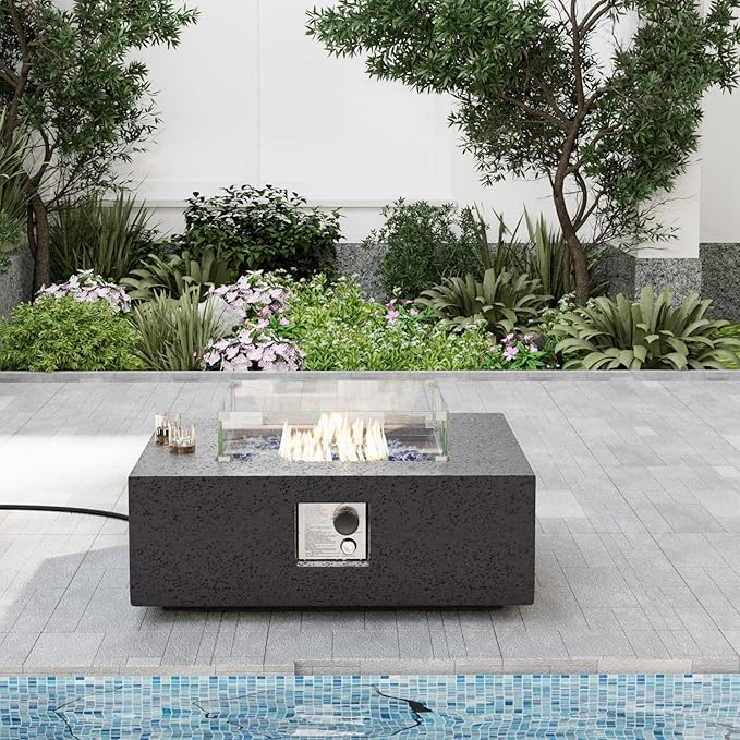 SUNBURY Outdoor Propane Burning Fire Pit, 35 inch Square Patio Fire Table 50,000 BTU Fire Pit for Outside with Waterproof Cover and Glass Stones, Light Gray