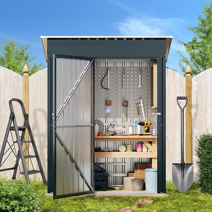 Breezz 5x3FT Vertical Outdoor Steel Storage Shed with Floor Frame, Lockable Doors, Compact Metal Tool Shed for Garden, Backyard, Patio, Utility, and Bike Storage