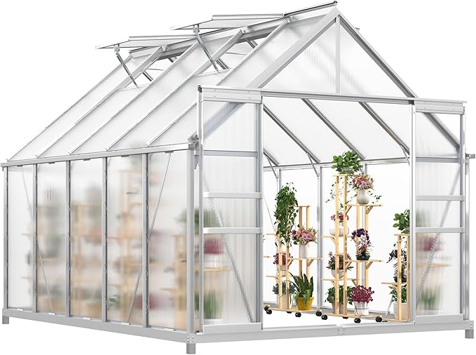 YITAHOME 10x8FT Polycarbonate Greenhouse Large Heavy Duty Green Houses Outdoor Aluminum Greenhouses with Sliding Doors Vent Window Walk-in Greenhouse for Garden Backyard, Matte Silver