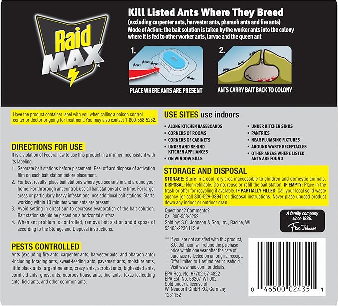 Raid Max Liquid Ant Bait; Kills Ants Where They Breed, for Indoor and Outdoor Use; 8 Bait Stations