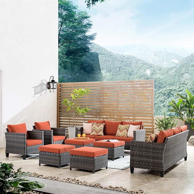 ovios Patio Furniture Set, 8 Pieces Outdoor Wicker Sofa Couch with Chairs, Ottomans and Comfy Cushions, All Weather High Back Rattan Conversation Set, Orange Red