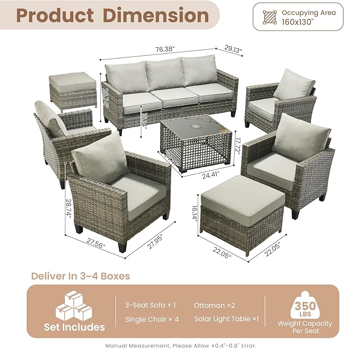 HOOOWOOO Outdoor Patio Furniture Set,8 Pieces Wicker Conversation Set,All Weather Couch Set with Solar Light Table Ottoman Chairs 9 Seaters for Out Door Yard(Charcoal Gray)