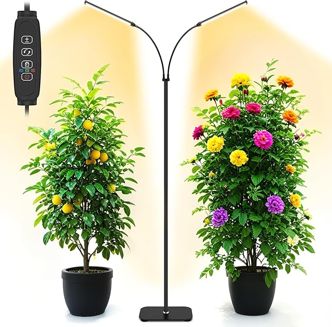 Plant Grow Light Dual Head, 40W Indoor Growing Lights,144LEDs Full Spectrum Wide Illumination Area, 63IN Adjustable Height Stand, 10 Dimmable, 3/9/12H Auto Timer, Floor Lamp for Plants Growth