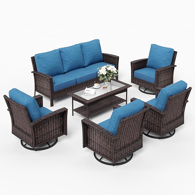 6 Pieces Patio Furniture Set with Swivel Chairs, High Back Wicker Rattan Sofa with Extra Thick Cushion and Coffee Table, Outdoor Conversation Set for Garden Backyard Deck, Blue