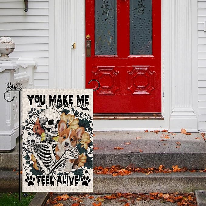 Halloween Garden Flag Skeleton and His Cogi Vertical Double Sided Flags for Holiday Farmhouse Patio Yard Outdoor Party Decor Decorations Gifts - 12.5 x 18 Inch