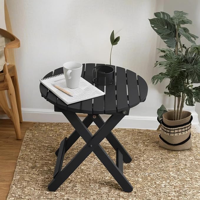 Outdoor Small Round Folding Side Tables, Foldable Wooden End Table for Indoor, Porch, Patio, Camping as Coffee Table or Plant Stand, Black 