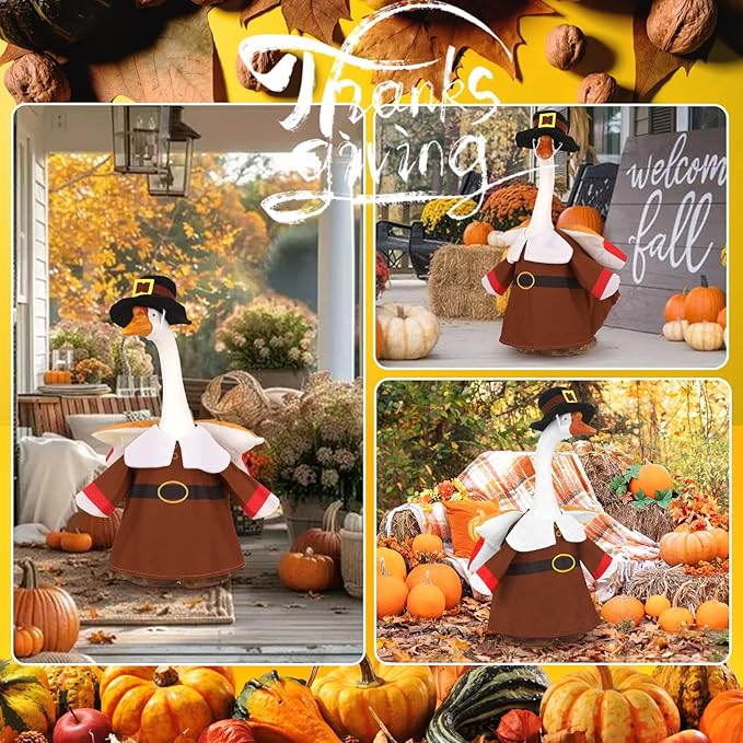 Porch Goose Outfits Pilgrim with Accessories Yard Garden Lawn Goose Clothes for Plastic Cement Goose Statue 23" H Large Fall Autumn Thanksgiving Porch Goose Costume Set for Patio Outdoor Decoration