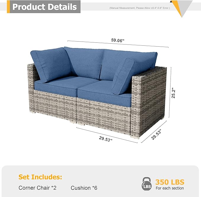 HOOOWOOO Patio Sectional Furniture Set,2 Piece Couch Set with 2 Matching Corner Chairs(Denime Blue)