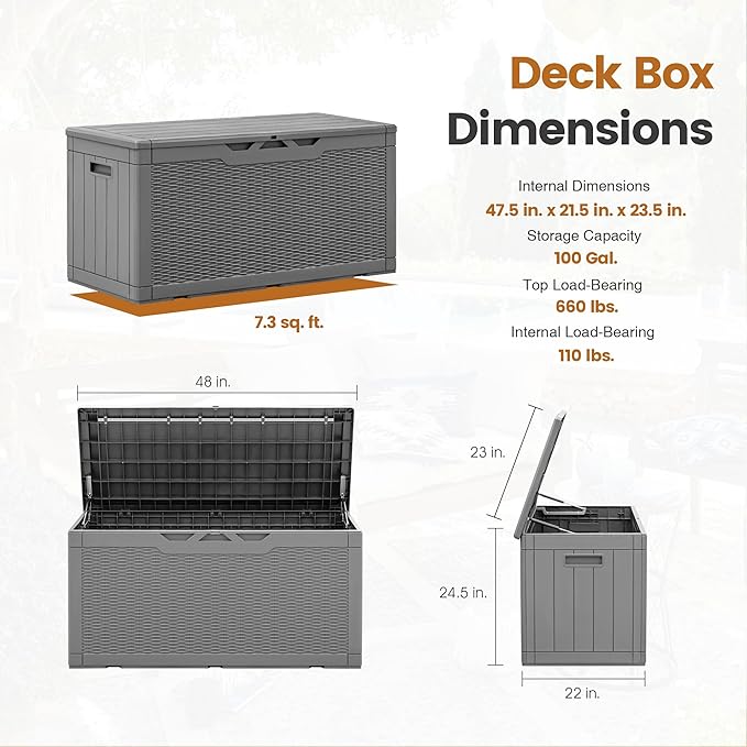 Greesum 100 Gallon Resin Patio Storage Box for Garden Tools, Outdoor Furniture Cushions, Pool Supplies, Gray