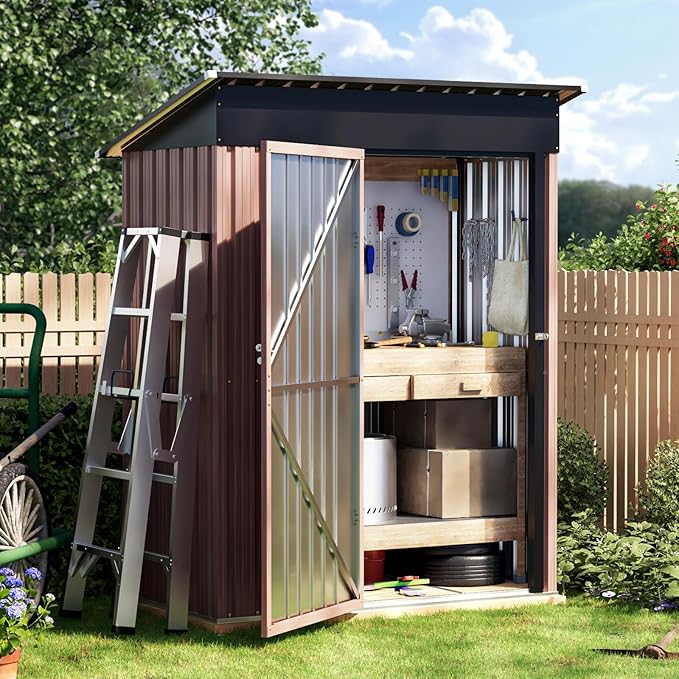 5X3X6.1FT Garden Storage Shed with Lockable Door,Steel Tool Shed with Sloping Roof,Anti-Corrosion Metal Shed for Backyard Patio Lawn (Light Wood Grain)