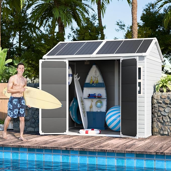 CDCASA 8x6 FT Resin Storage Sheds with Floor, Waterproof Large Outdoor Sheds & 2 Windows,Outside Plastic Tool Shed for Backyard Garden Patio Lawn