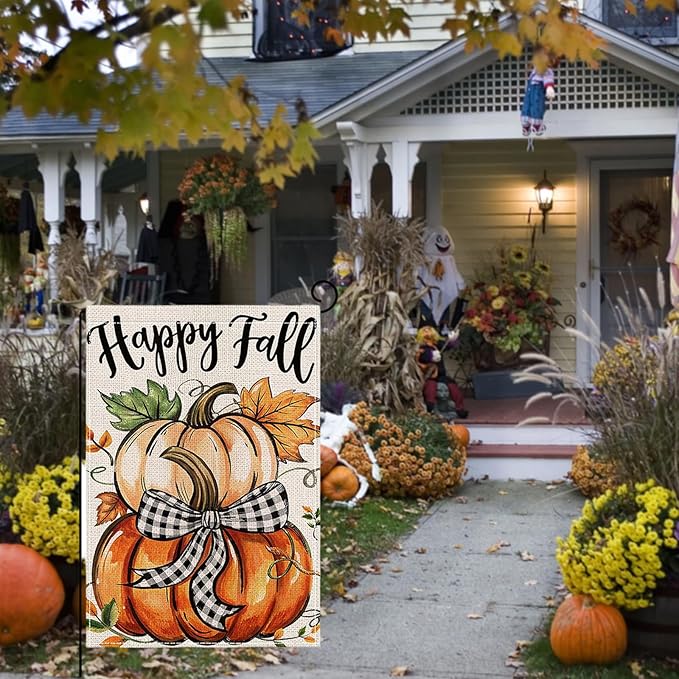 Fall Garden Flag 12 x 18 Inch Double Sided Cute Pumpkin Maple Leaves Designs Autumn Burlap Yard Flag for Outside Rustic Yard Outdoor Holiday Home Decoration