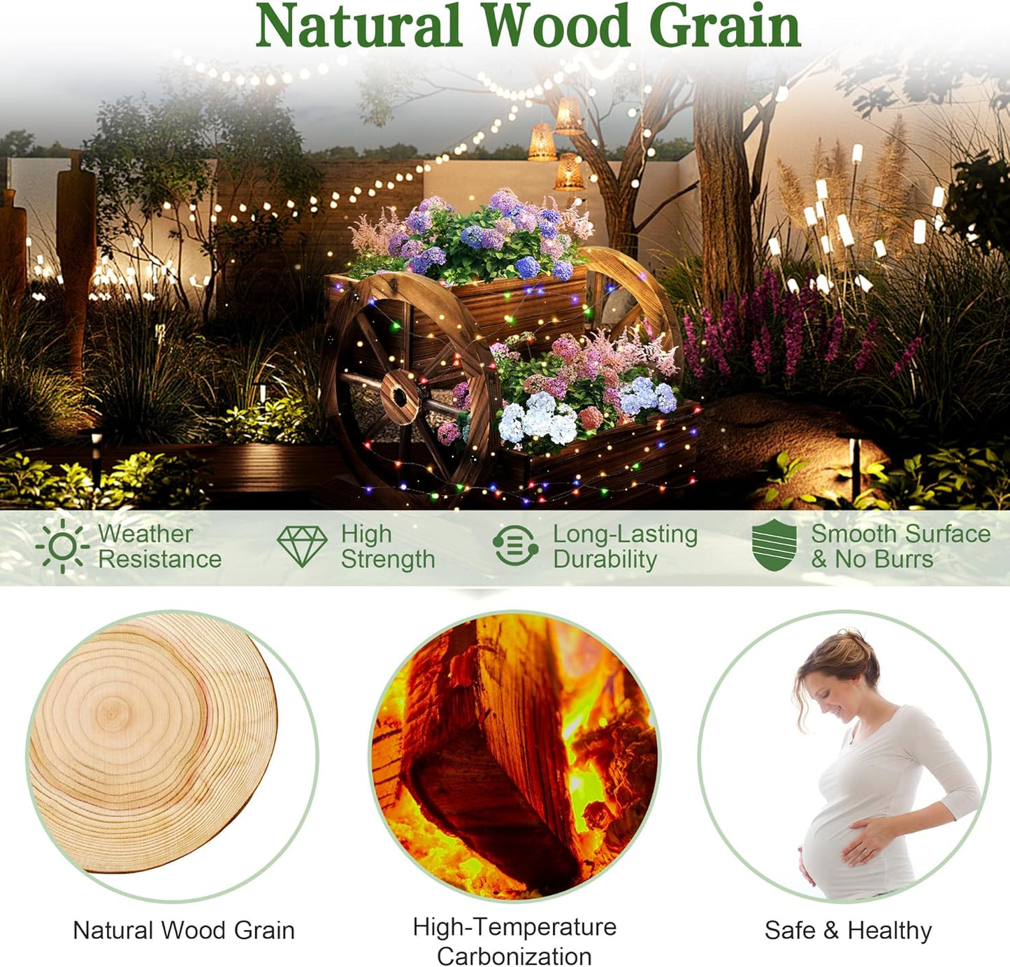 Wooden Wagon Planter Box with Solar Light, Garden Planter with Wheels,Decorative for Flowers Herbs Vegetables for Indoor & Outdoor Decor,Wooden Flower Cart for Patio Garden Balcony