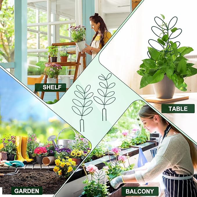 AUGSUN 2 Packs Plant Trellis Garden Trellis Plant Stakes Trellis for Climbing Plants Indoor Plants Metal Leaf Shape Plant Support for Houseplants with 50 Ties Plant Lover Gift (Green)