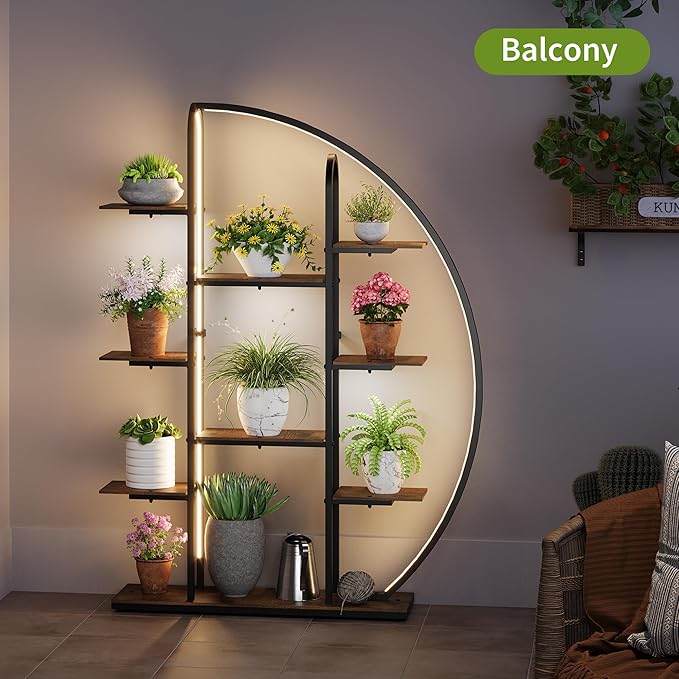 Big Plant Stand Indoor with Grow Lights and LED Light, 61”Tall Metal Plant Shelf Flower Stand for Multiple Plants, 9 Tier Moon-Shaped Plant Rack Large Display Plant Holder for Living Room Balcony